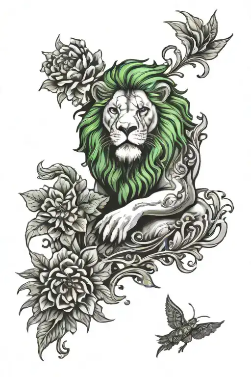 Green Lion Eating A Sun With Floral Background Black And White