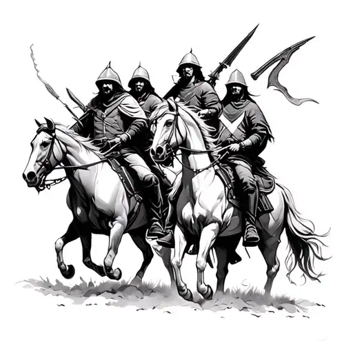 The Four Horsemen Of The Apocalypse Riding Horses With Their Weapons Out