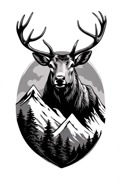 Elk Head With Mountain Range Silhouette