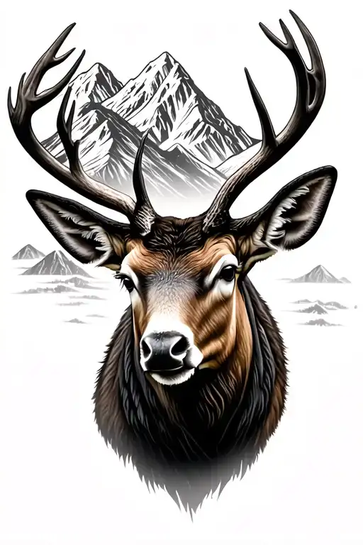 Realism Elk Head With Mountain Range Back Ground Looking