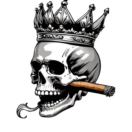 Skull Wearing A Crown With A Cigar In The Mouth Open