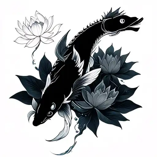 Koi Fish Swimming Upstream Turning Into Dragon Emerging Lotus Flowers