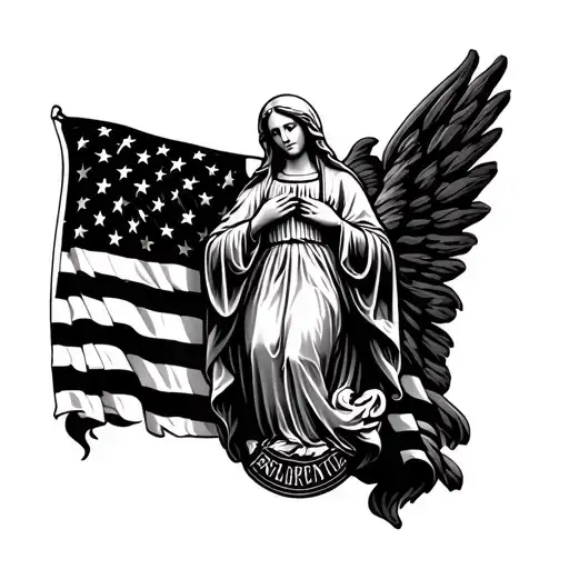Mother Mary With A American Flag Behind Her