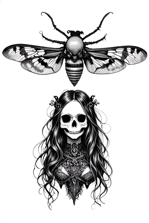 Deaths Head Moth With Gothic Girl Skull In Middle Sketchwork