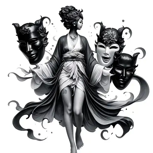 Statue Of Woman In Flowy Kimono With Masks Rotating Around Her
