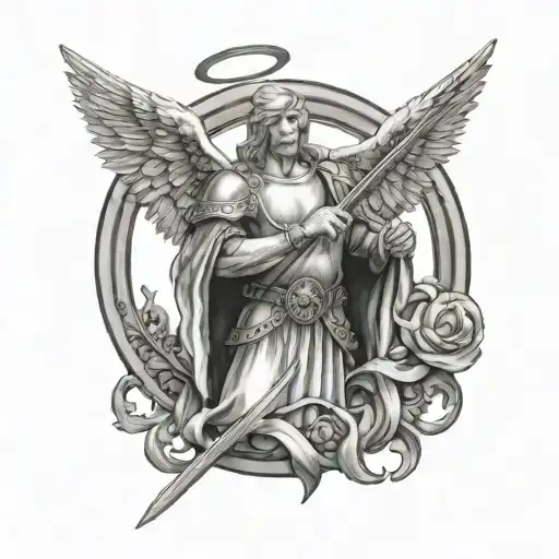 Angel Holding A Sword In A Circle With Gott Mitt Uns