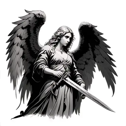 Angelwith Wings Inswept Holding Sword Infront