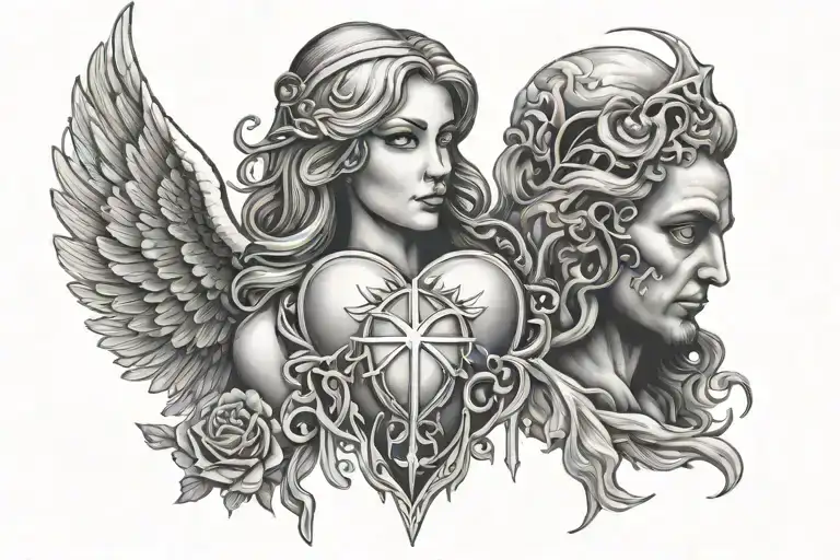 Angel And Demon Face To Face With Sacred Heart In Between