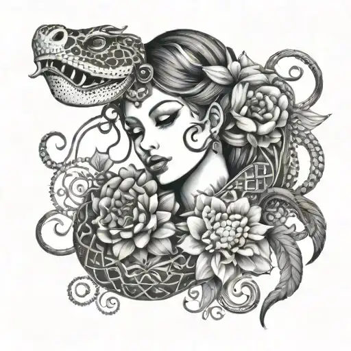 Mandala Flowers Lady Riding A Snake Lady Face Inside