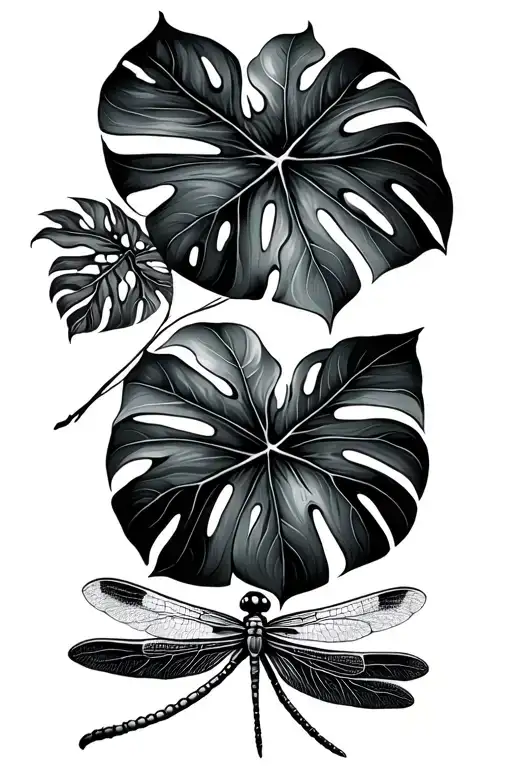 Monstera Leaves Griwing With Foliage And Dragonfly