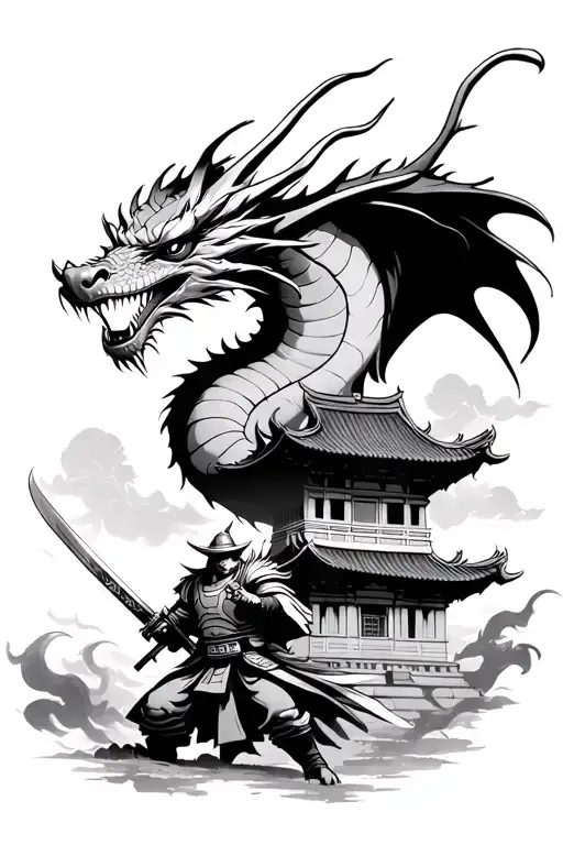 Dragon Guarding Temple With Samurai Warrior At Bottom Wielding Sword