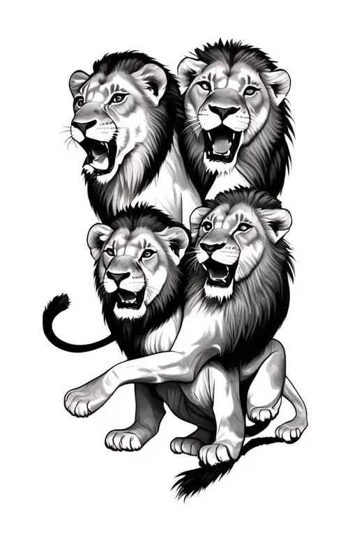 3 Male Lions Cubs Playing In A Field