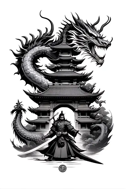 Asian Dragon Guarding Pagoda Temple With Samurai Warrior At Bottom Wielding Sword