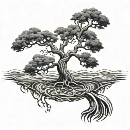 Tree Of Life With Roots With Small Ocean Waves Forming