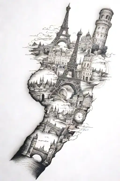 Travel Inspired Tattoo Featuring European Landmarks Incorporated