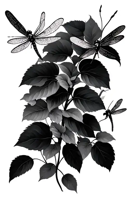 Draw Me A Picture Of Montera Leaves Accending With Dragonflies Fluttering