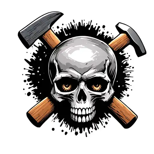 American Tradtional Black And Gray Tattoo Of A Skull With Sledgehammers Coming Out The Eye Sockets