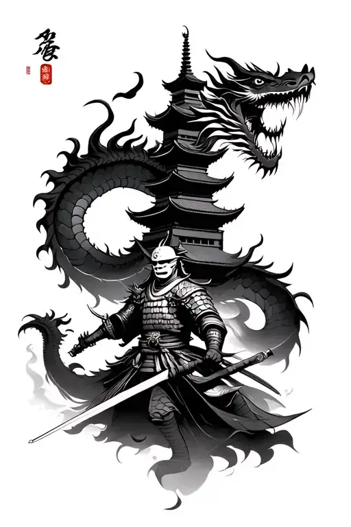 Asian Dragon Gaurding Pagoda Temple Alongside Samurai Warrior With Mask At Bottom Wielding Sword