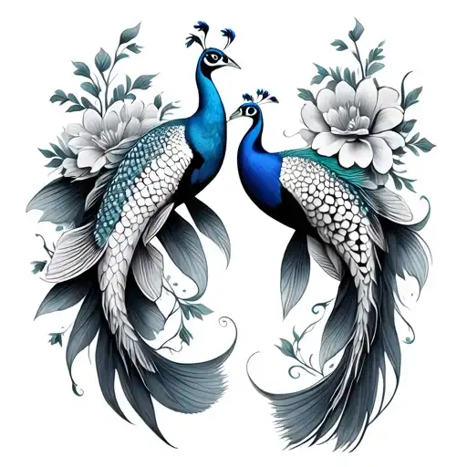 Peacocks Koi Fish Flowers
