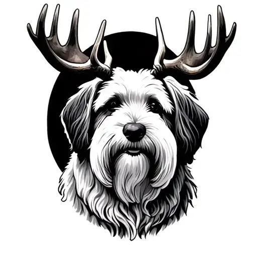 Old English Sheepdog With Moose Antlers