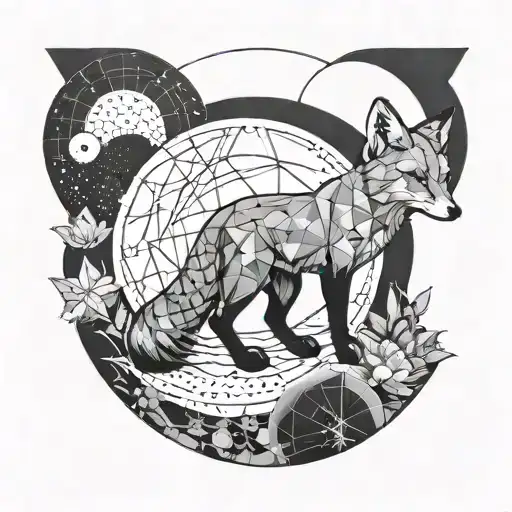 Geometric Tattoo With Fox On Moon Phases