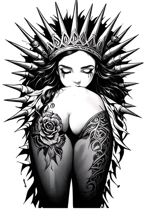 Surrounding My Thigh Crown With Spikes And Tribal Blackwork