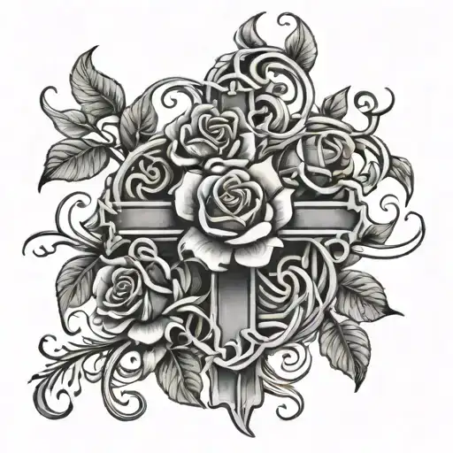 Cross With Vines And Two Roses Intertwined