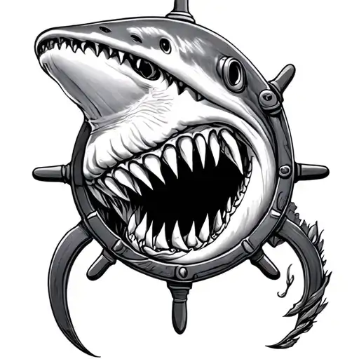 Shark Jaw With A Ship Wheel Inside On The Knee
