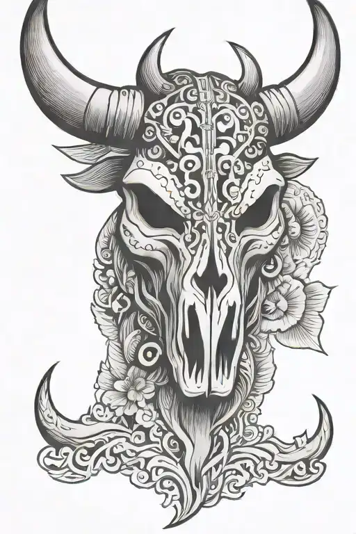 A Traditional Hawaiian Tribal Bull Skull From Half Chest To Shoulder