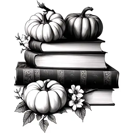 Books And Pumpkins With Flowers On Vines Growing