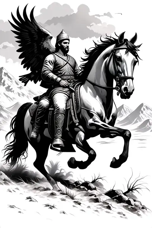 Skanderbeg On A Horse With Albanian Mountains In The Back And A Eagle In The Sky