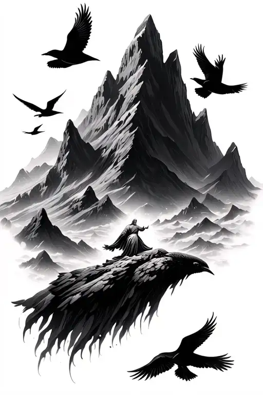 Birds Flying Around Mountains With A God Below It