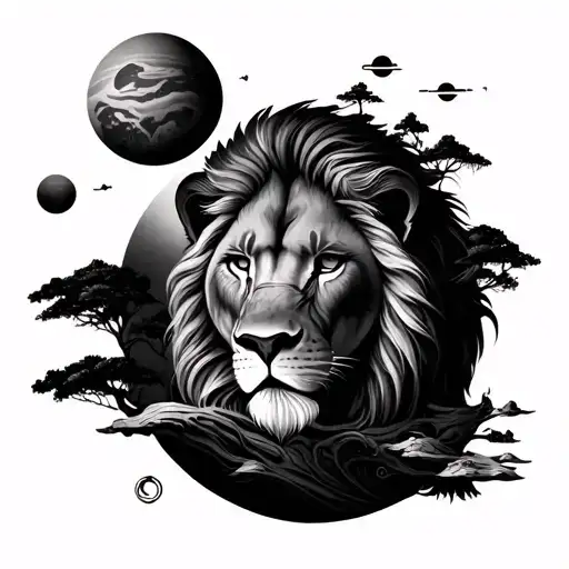 Tattoo Sleeve Designs With Lion Trees And Planets