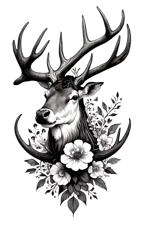 Floral Back Tattoo With Moose Antler Intertwined