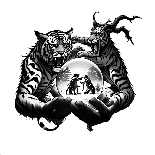 Demon Holding Snow Globe With Tigers Playfighting Under A Tree