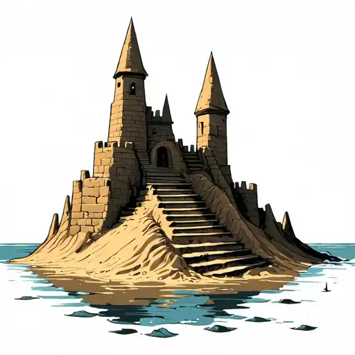 Sand Castle In Progress With Stairs Rising To It With Water Surrounding