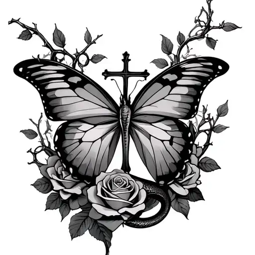 Snake Butterfly With Cross And Roses With Thorns Growing