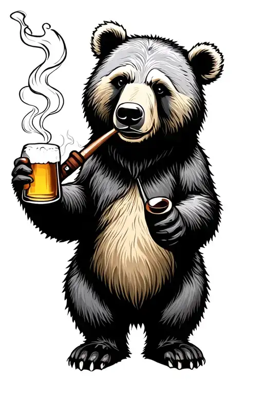 Bear Drinking Beer And Smoking A Pipe