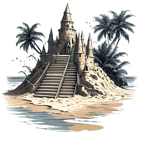 Sand Castle In Progress With Stairs Leading To It And Waves Around It