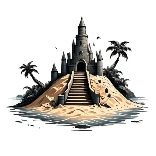 Sand Castle In Progress With Stairs Leading To It And Waves Around It And No Trees