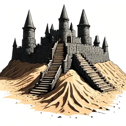 Sand Castle On Pile Of Sand With Stairs Leading To It