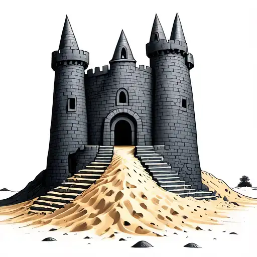 Bright And Peaceful Sand Castle On Pile Of Sand With Stairs Leading To It