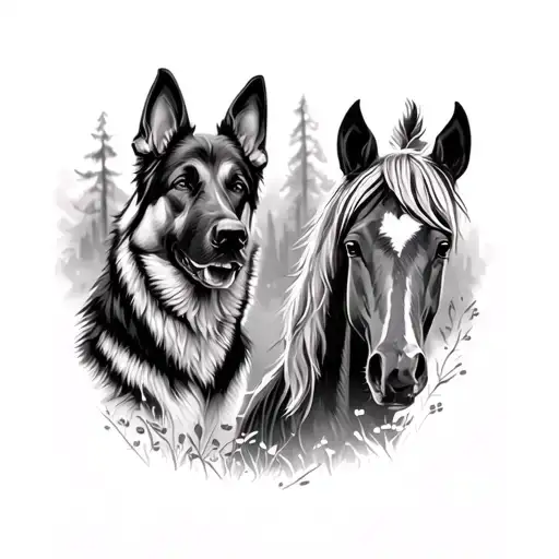 German Shepherd And A Horse In The Woods