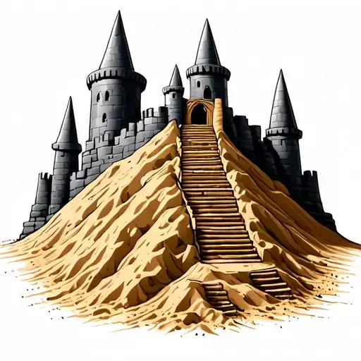 Bright Sand Castle On Pile Of Sand With Stairs Around It