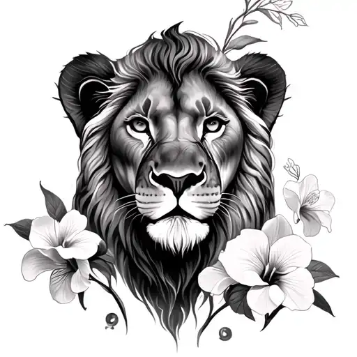 Lioness Head With Hibiscus & Orchids Coming