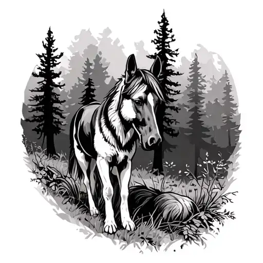 German Shepherd And A Horse In The Woods Surrounded