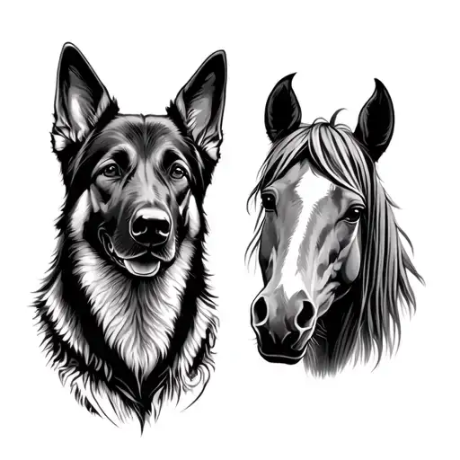 German Shepherd And A Horse In The Woods