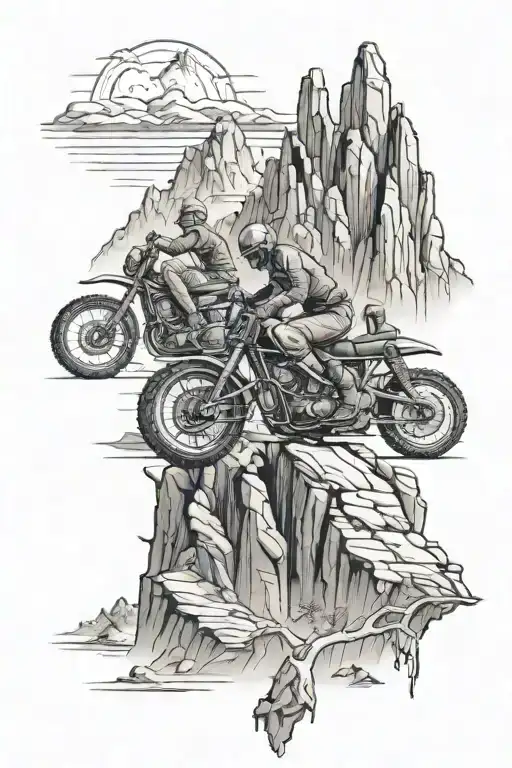 Mountain Outdoor Scene Featuring Rock Climbers And Motorcycles Riding Through Valleys