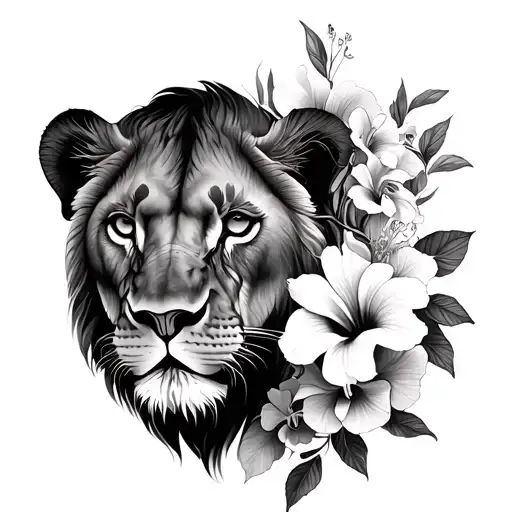 Lioness Head With Hibiscus & Orchids Intertwined