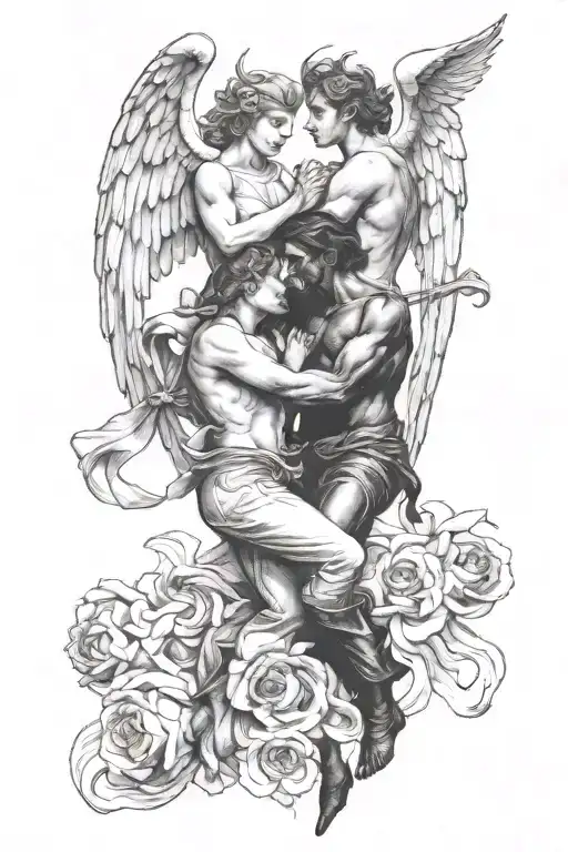Angel And Devil Fighting Each Other While Holding Hands